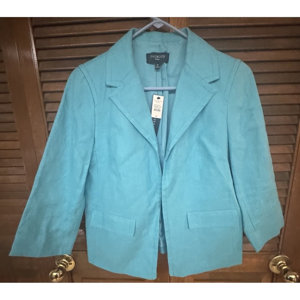 Talbots Petites Aqua Linen Blazer Jacket 4P NWT 3/4 Sleeve Classic Tailored